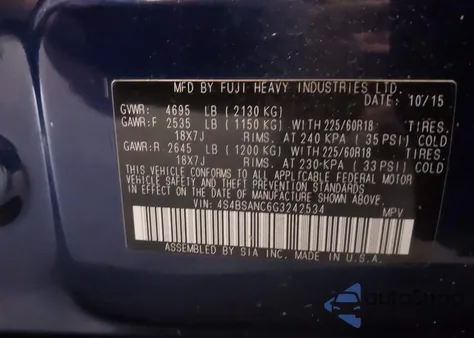 2016 Subaru Outback 2.5I Limited z USA, uszkodzony, nr VIN 4S4BSANC6G3242534